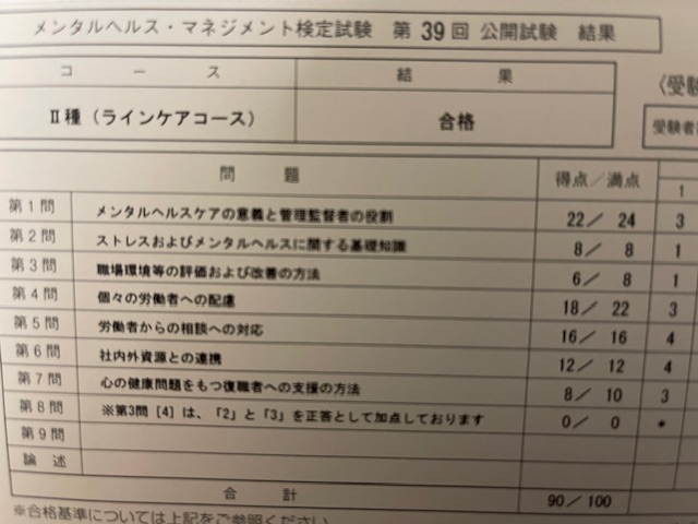 メンタルヘルスマネジメント検定Ⅱ種で90点合格した実際の試験結果